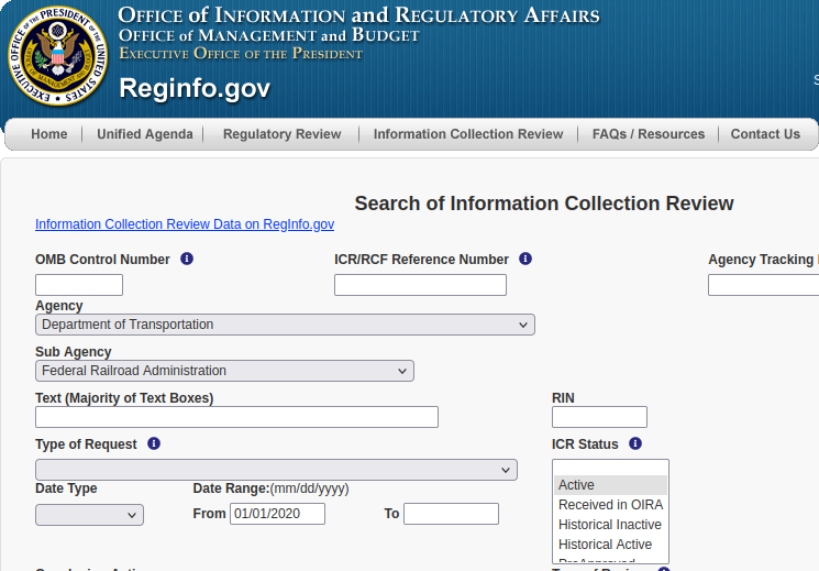 OIRA search function